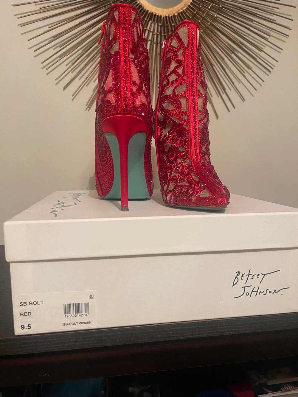 Betsey Johnson Red Embellished Sheer Lace Stiletto Booties